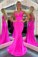 Mermaid Prom Dress Pink V Neck Backless Satin Long Evening Dress