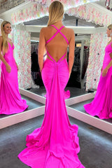 Mermaid Prom Dress Pink V Neck Backless Satin Long Evening Dress