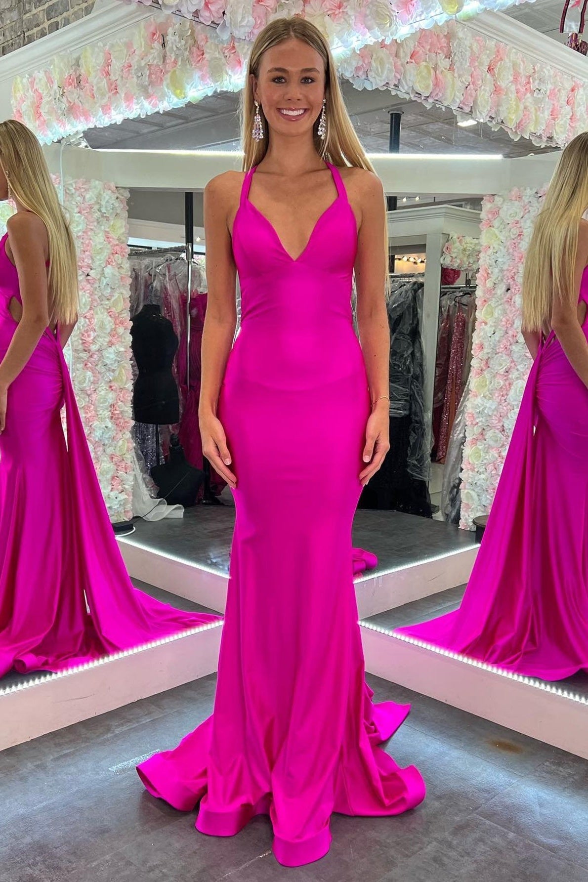 Mermaid Prom Dress Pink V Neck Backless Satin Long Evening Dress