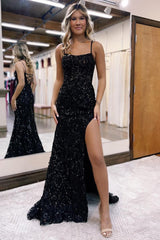 Mermaid Prom Dress Scoop Neck Sequin Elegant Evening Dress with Split