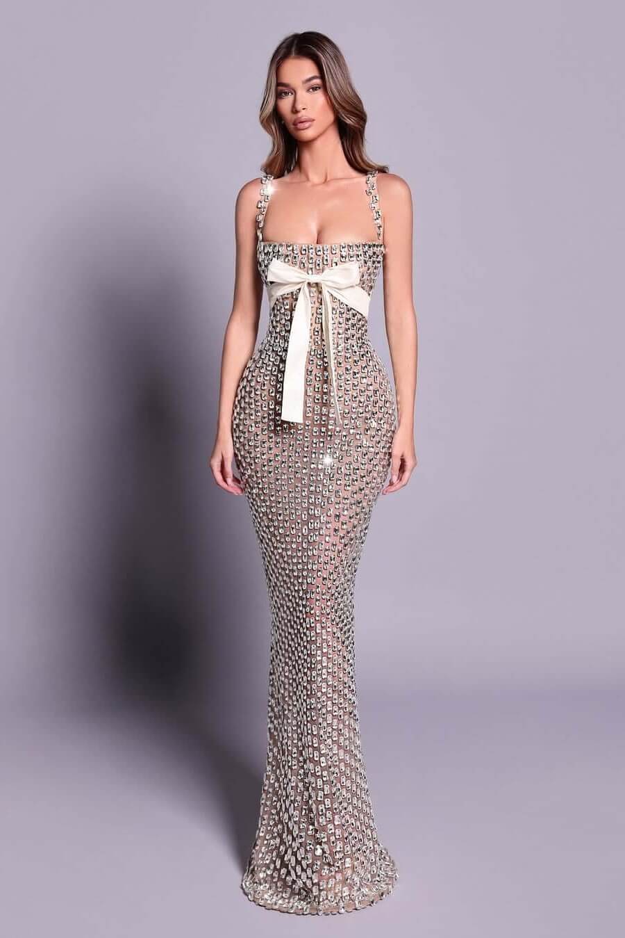 Mermaid Prom Dress Silver Beaded Spaghetti Straps Plaid Formal Dress