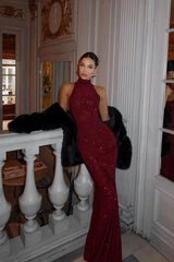 Mermaid Prom Dress Sleeveless High Neck Formal Dress With Sequins