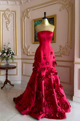 Mermaid Prom Dress Sleeveless Strapless Satin Formal Dress With 3D Flowers