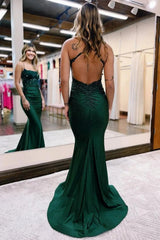 Mermaid Prom Dress Spaghetti Straps Dark Green Long Evening Dress with Appliques