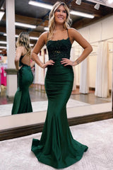 Mermaid Prom Dress Spaghetti Straps Dark Green Long Evening Dress with Appliques