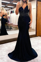 Mermaid Prom Dress Spaghetti Straps Delicate Beaded Satin Evening Dress