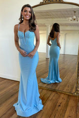 Mermaid Prom Dress Spaghetti Straps Delicate Beaded Satin Long Evening Dress
