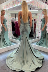 Mermaid Prom Dress Spaghetti Straps Green Long Evening Dress with Lace