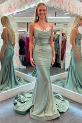 Mermaid Prom Dress Spaghetti Straps Green Long Evening Dress with Lace
