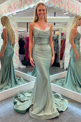 Mermaid Prom Dress Spaghetti Straps Green Long Evening Dress with Lace