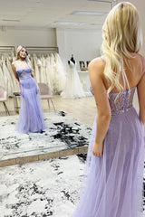 Mermaid Prom Dress Spaghetti Straps Purple Corset Elegant Evening Dress with Split