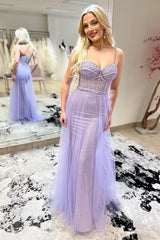 Mermaid Prom Dress Spaghetti Straps Purple Corset Elegant Evening Dress with Split