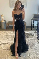 Mermaid Prom Dress Strapless Corset Lace Elegant Evening Dress with Split