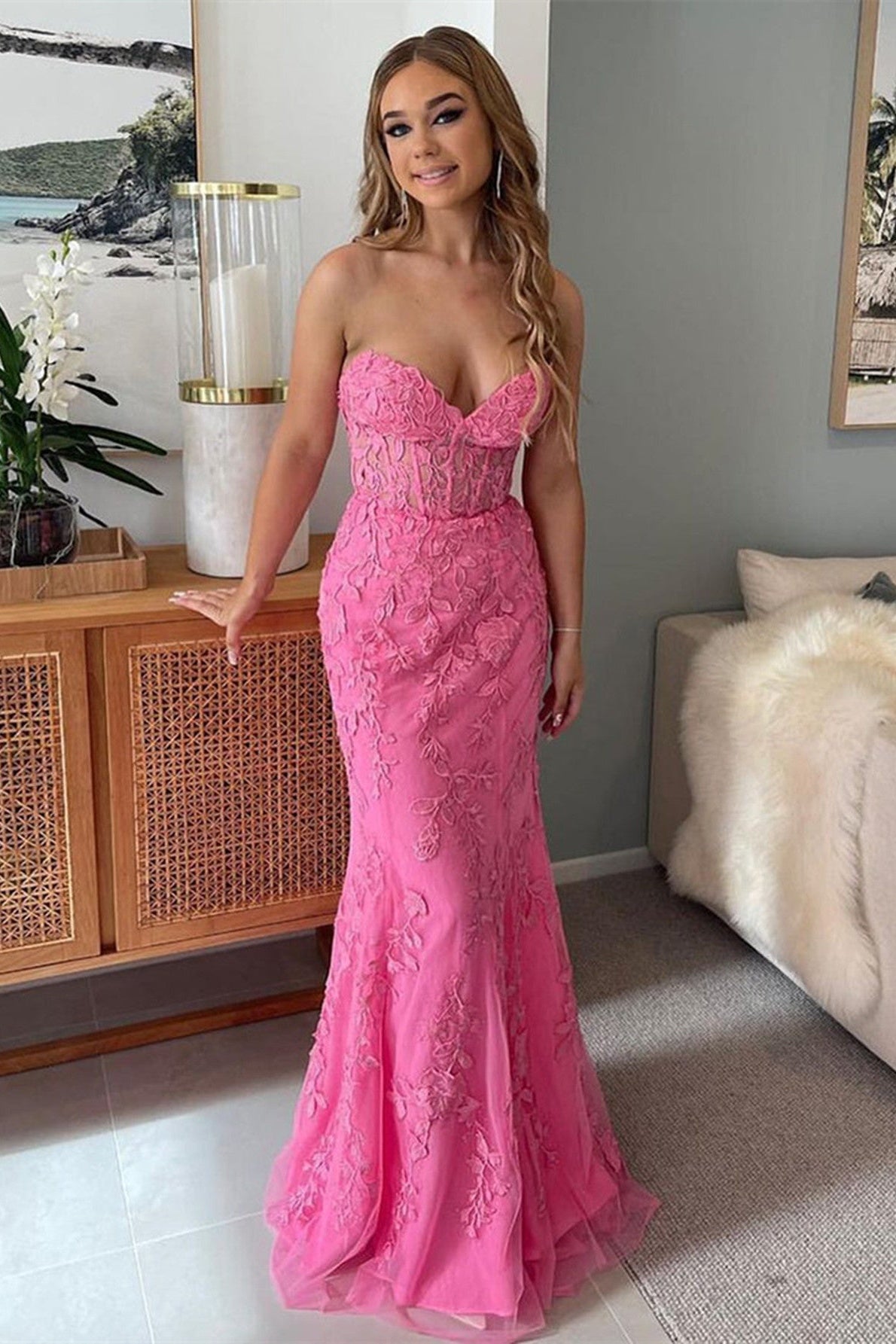 Mermaid Prom Dress Strapless Lace Elegant Evening Dress With Appliques