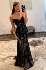 Mermaid Prom Dress Strapless Lace Elegant Evening Dress with Split