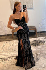 Mermaid Prom Dress Strapless Lace Elegant Evening Dress with Split