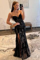 Mermaid Prom Dress Strapless Lace Elegant Evening Dress with Split