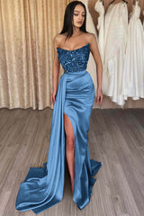 Mermaid Prom Dress Strapless Satin Formal Dress With Sequins