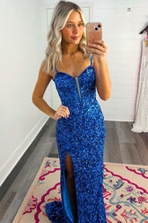 Mermaid Prom Dress Sweetheart Blue Sequin Long Evening Dress with Split