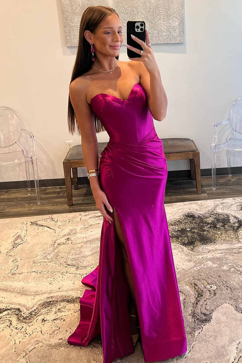 Mermaid Prom Dress Sweetheart Neck Satin Evening Dress With Split