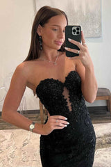 Mermaid Prom Dress Sweetheart Neck Tulle Lace Black Long Evening Dress