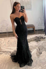 Mermaid Prom Dress Sweetheart Neck Tulle Lace Black Long Evening Dress