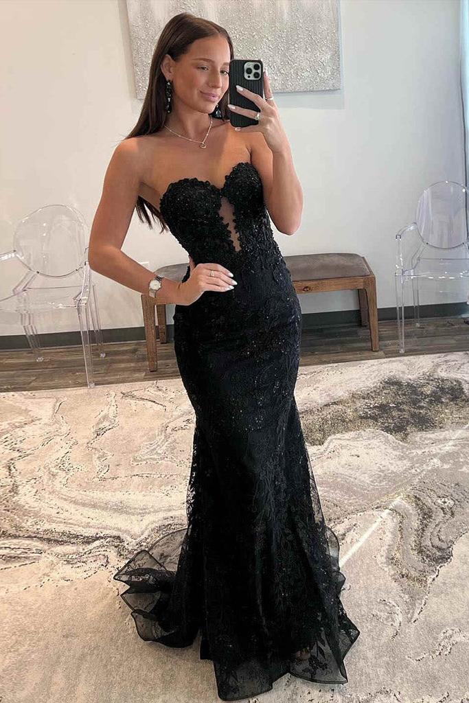 Mermaid Prom Dress Sweetheart Neck Tulle Lace Black Long Evening Dress