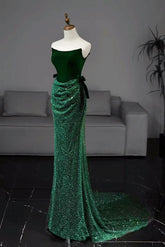 Mermaid Prom Dress Tulle Velvet Green Long Formal Evening Dress