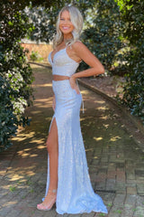 Mermaid Prom Dress Two Piece V Neck Sequin Shiny Evening Dress