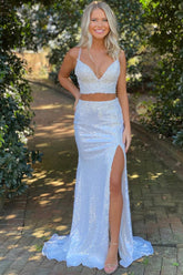 Mermaid Prom Dress Two Piece V Neck Sequin Shiny Evening Dress