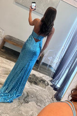 Mermaid Prom Dress V Neck Cutout Blue Long Evening Dress