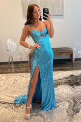 Mermaid Prom Dress V Neck Cutout Blue Long Evening Dress