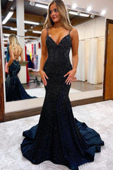 Mermaid Prom Dress V Neck Delicate Beaded Satin Long Evening Dress