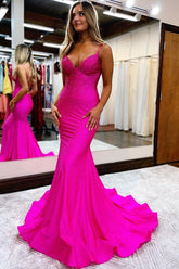 Mermaid Prom Dress V Neck Delicate Beaded Satin Long Evening Dress