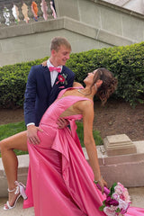 Mermaid Prom Dress V Neck Pink Satin Long Evening Dress with Big Bow