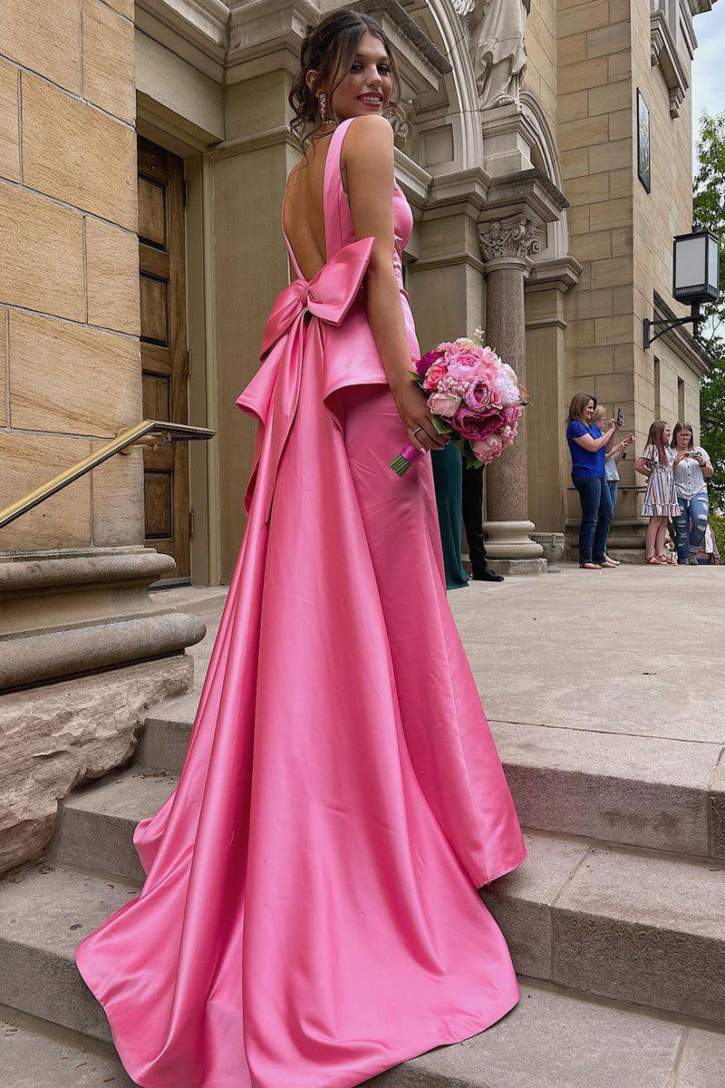Mermaid Prom Dress V Neck Pink Satin Long Evening Dress with Big Bow