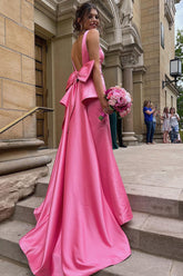 Mermaid Prom Dress V Neck Pink Satin Long Evening Dress with Big Bow