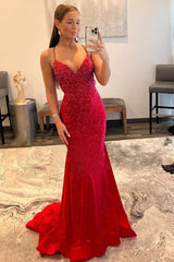 Mermaid Prom Dress V Neck Red Prom Dress Glitter Satin Evening Dress