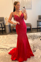 Mermaid Prom Dress V Neck Red Prom Dress Glitter Satin Evening Dress