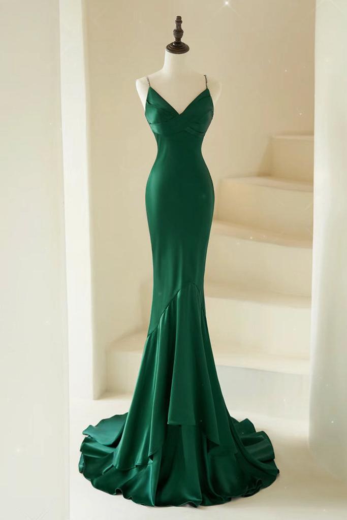 Mermaid Prom Dress V Neck Satin Green Prom Dress Long Formal Evening Dress