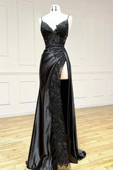 Mermaid Prom Dress V Neck Satin Lace Black Long Evening Gown Evening Dress