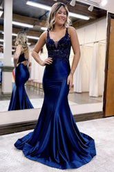 Mermaid Prom Dress V Neck Satin Long with Appliques Evening Dress
