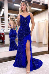 Mermaid Prom Dress V Neck Sequin Long Evening Dress With Split