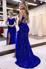 Mermaid Prom Dress V Neck Sequin Long Evening Dress With Split