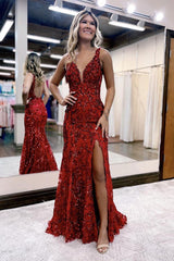 Mermaid Prom Dress V Neck Sequined Lace Elegant Evening Dress with Split