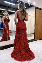 Mermaid Prom Dress V Neck Sequined Lace Elegant Evening Dress with Split