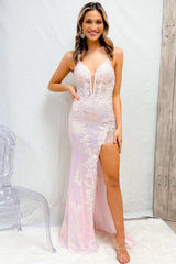 Mermaid Prom Dress V Neck Sequined Lace Evening Dress With Split