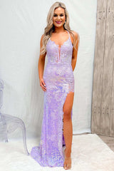Mermaid Prom Dress V Neck Sequined Lace Evening Dress With Split