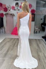 Mermaid Prom Dress White One Shoulder Beaded Long Evening Dress