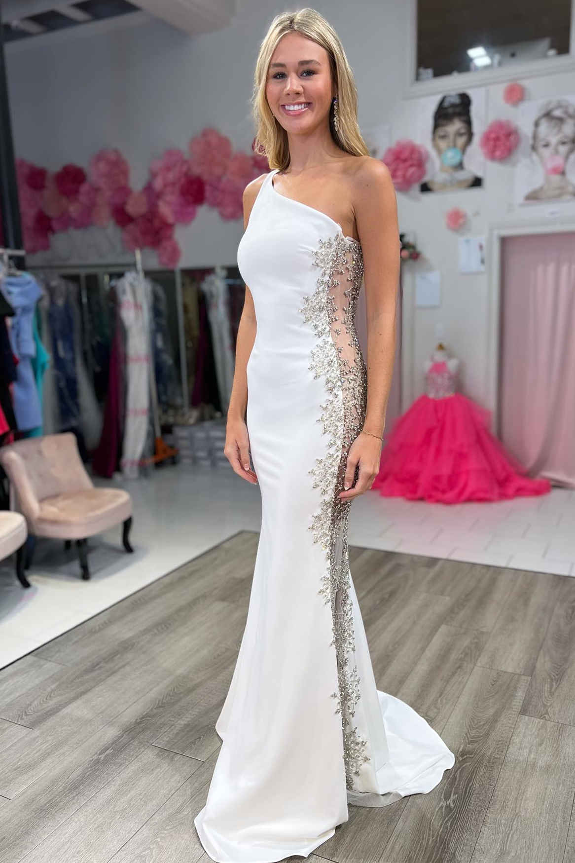 Mermaid Prom Dress White One Shoulder Beaded Long Evening Dress